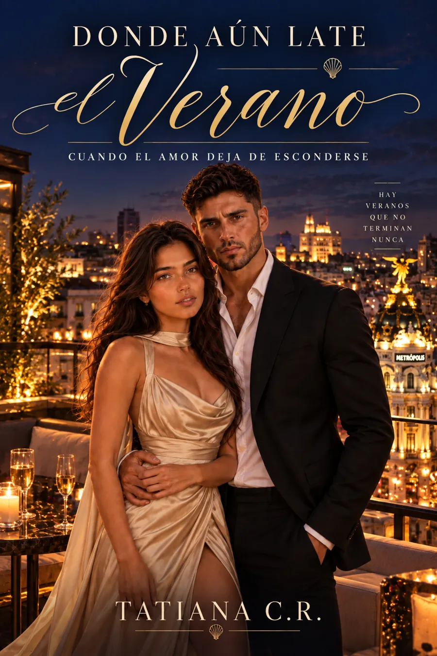 Portada de Donde aún late el verano: Mixél y Logan en una terraza de Madrid de noche