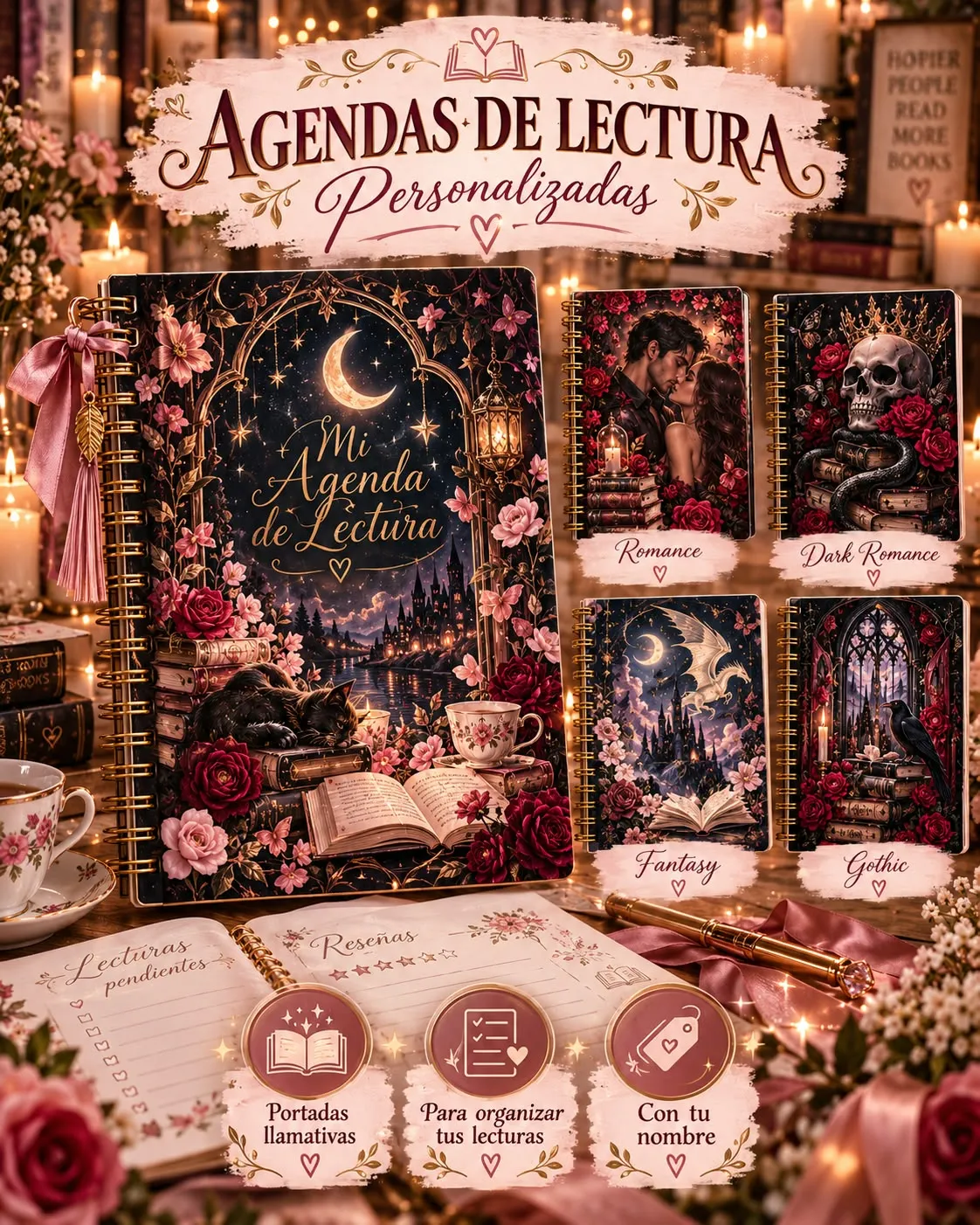 Agendas de lectura personalizadas para lectoras, en estilo romance, dark romance, fantasía y gótico