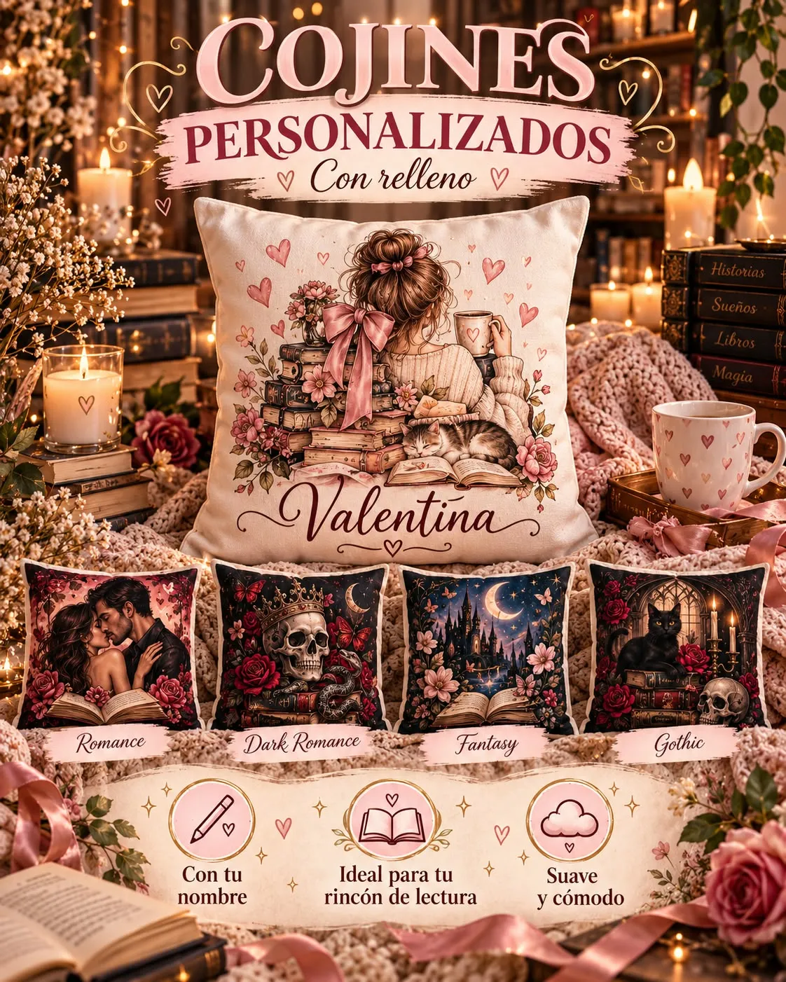 Cojines personalizadas para lectoras, en estilo romance, dark romance, fantasía y gótico