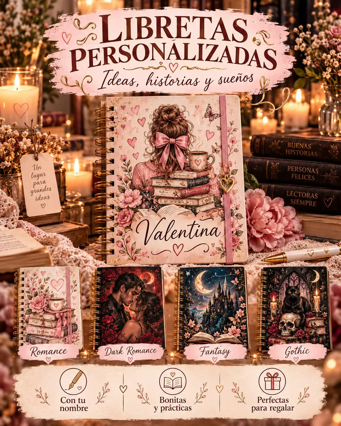 Libretas personalizadas para lectoras, en estilo romance, dark romance, fantasía y gótico