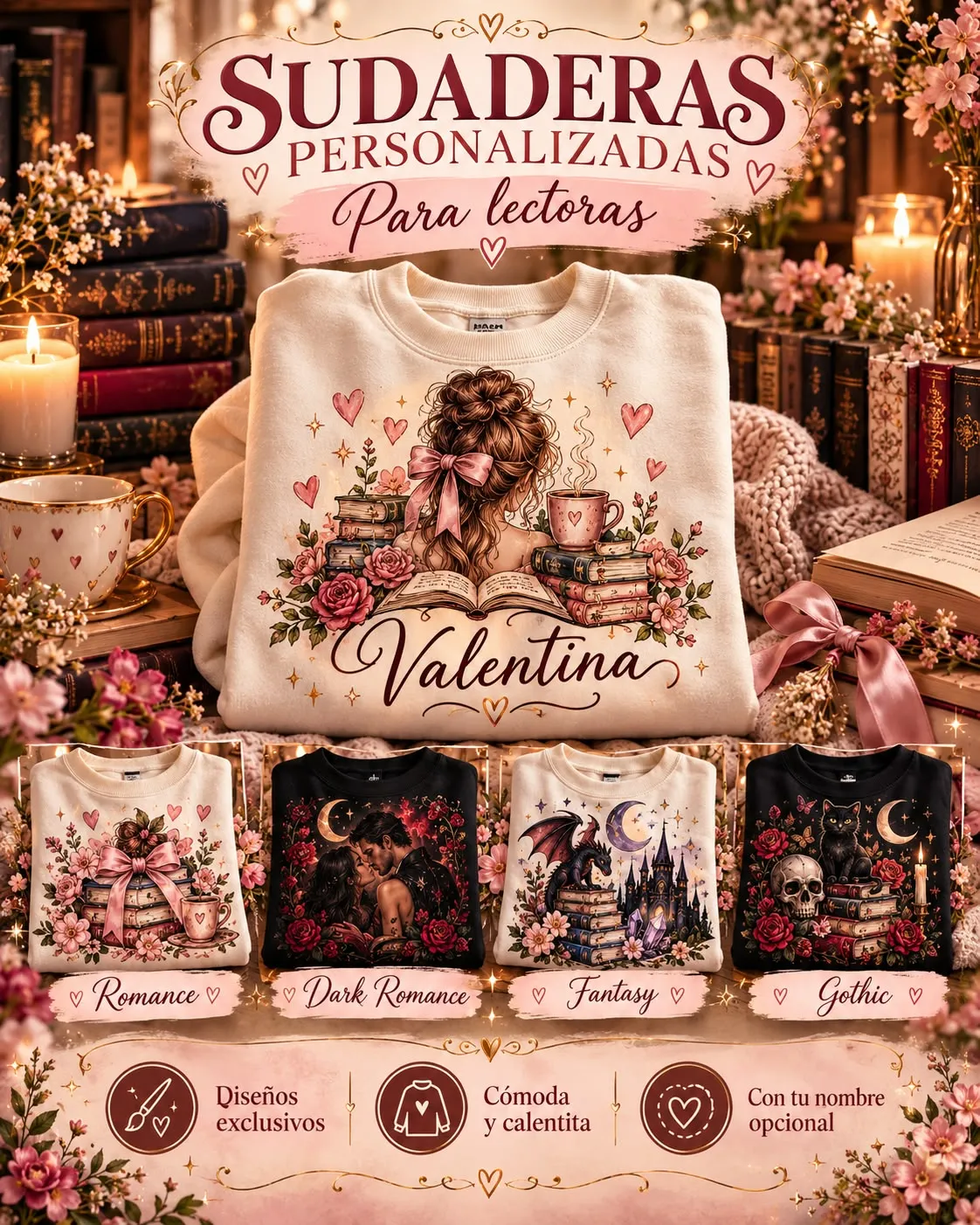 Sudaderas personalizadas para lectoras, en estilo romance, dark romance, fantasía y gótico