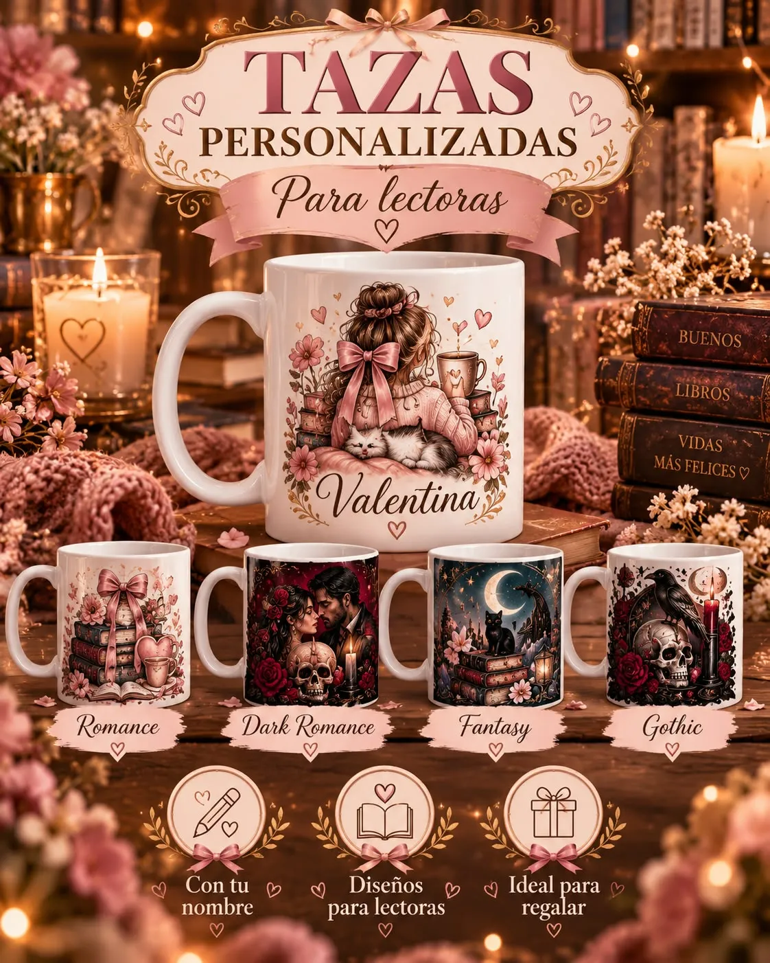 Tazas personalizadas para lectoras, en estilo romance, dark romance, fantasía y gótico